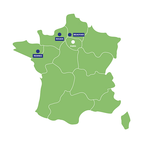 carte de France  - localisation des campus d'UniLaSalle : Beauvais, Rouen et Rennes